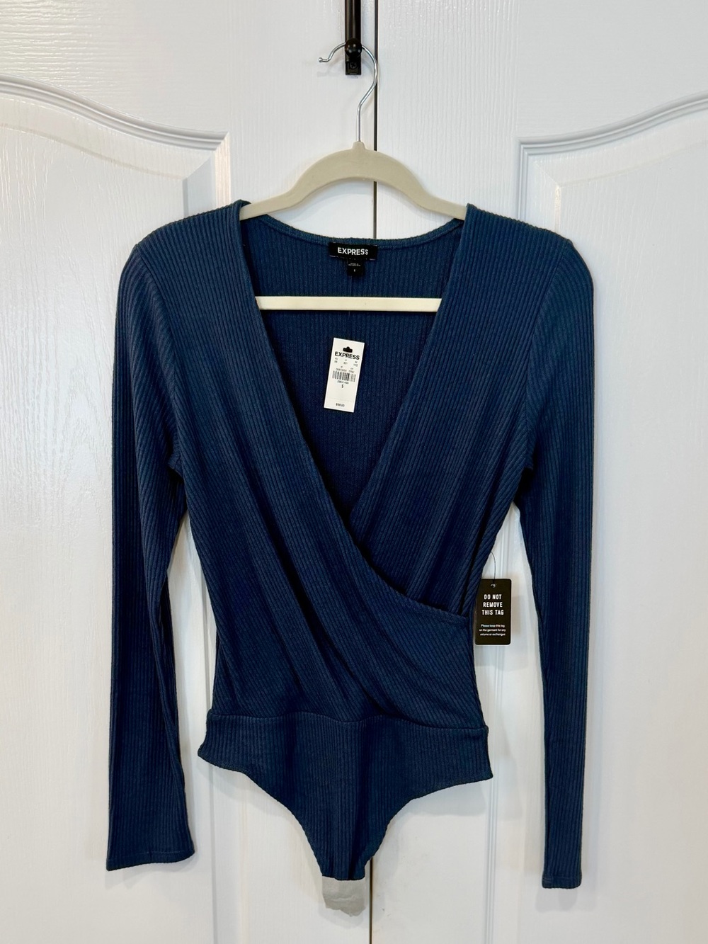 NWT Express Navy Ribbed Wrap-Front Long Sleeve Bodysuit size small